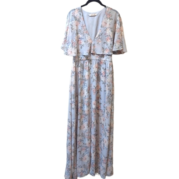 WAYF Love Note Floral Flutter Sleeve Pale Blue Chiffon Caped Maxi Dress (M)
